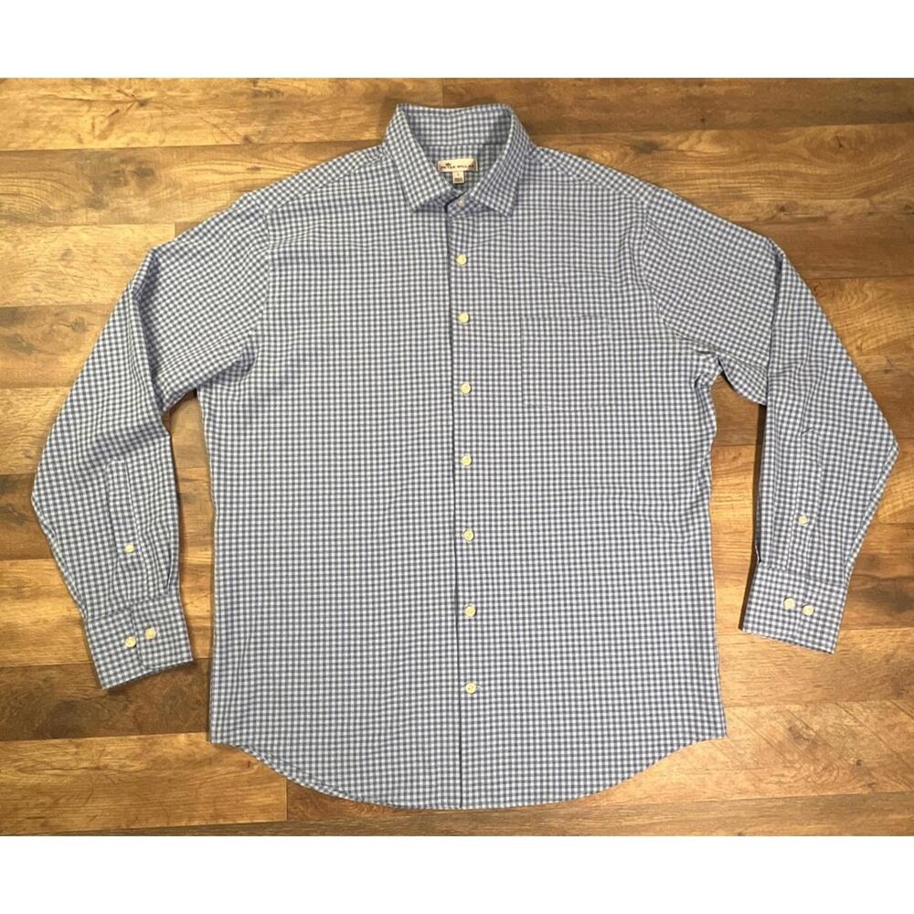Peter Millar Crown Sport Hills Mens Large Blue Gingham Polyester Button Shirt.